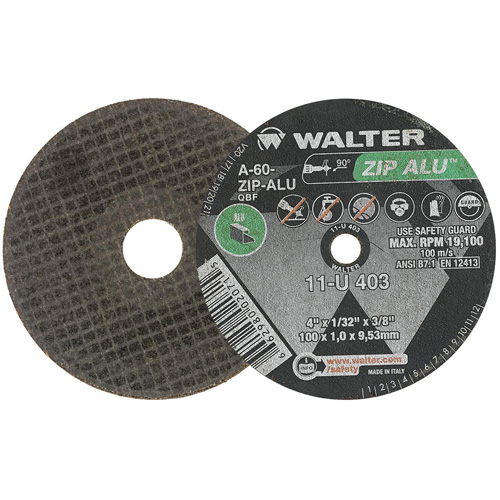 ZIP ALU Cutting Wheel, 4" x 1/32", 3/8" Arbor, Type 1, Aluminum Oxide, 19100 RPM Superchem Industries