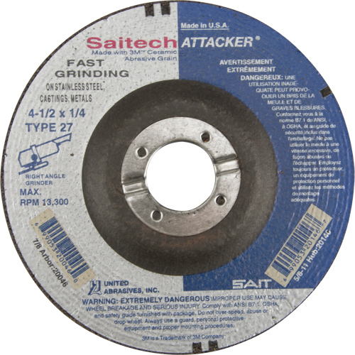 Meule rapide Saitech Attacker, 4-1/2" x 1/4", Arbre 7/8", Oxyde d'aluminium/C&eacute;ramique, Type 27 Superchem Industries