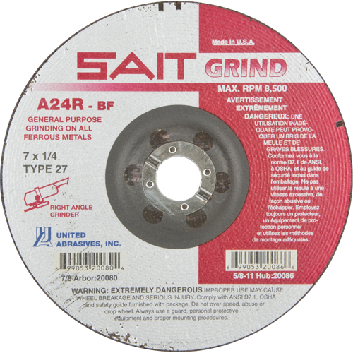 A24R Long Life Grinding Wheel, 7" x 1/4", 7/8" Arbor, Aluminum Oxide, Type 27 Superchem Industries