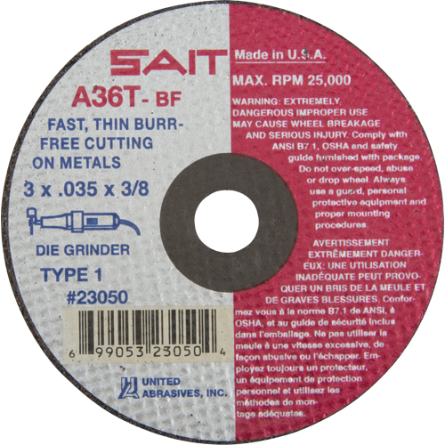 Cut-Off Wheel (A36T), 3" x 0.035", 3/8" Arbor, Type 27, Aluminum Oxide, 25000 RPM Superchem Industries