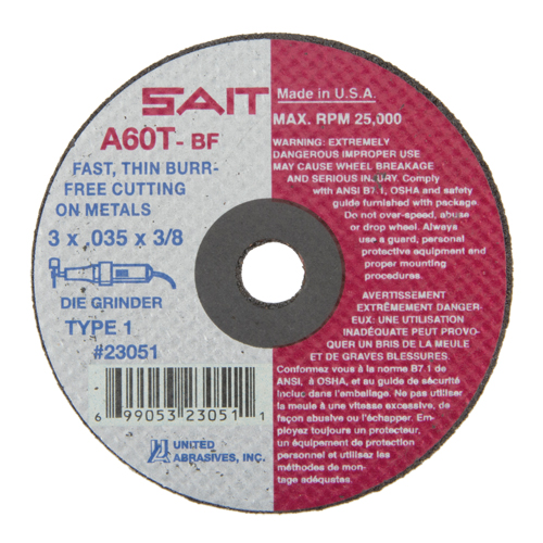 Cut-Off Wheel (A36T), 3" x 0.035", 3/8" Arbor, Type 1, Aluminum Oxide, 25000 RPM Superchem Industries