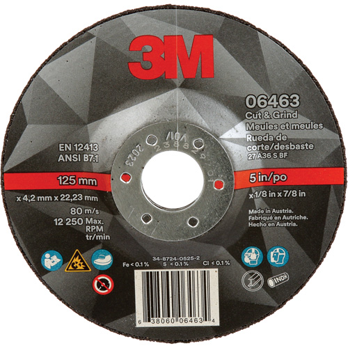 Cut & Grind Wheel, 5" x 1/8", 7/8" Arbor, Type 27, Ceramic Superchem Industries