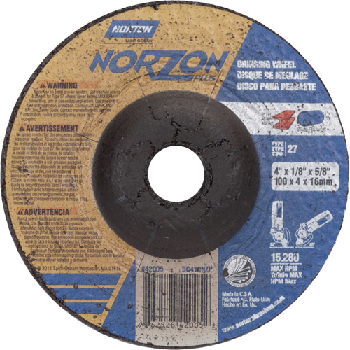 NorZon Plus SGZ Grinding Wheel, 4" x 1/8", 5/8" Arbor, Ceramic Alumina, Type 27 Superchem Industries