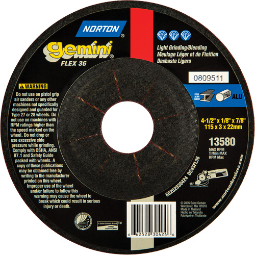 Gemini&reg; Flexible Mini Disc Depressed Centre Wheel, 4-1/2" x 1/8", 7/8" Arbor, Aluminum Oxide, Type 27 Superchem Industries