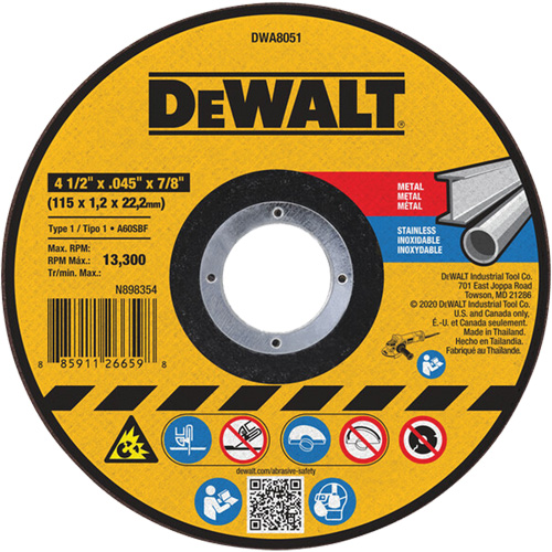 Metal Cut-Off Wheel, 4-1/2" x 0.045", 7/8" Arbor, Aluminum Oxide, Type 1 Superchem Industries