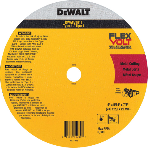 FlexVolt&reg; Metal Cut-Off Wheel, 9-1/16" x 0.078", 22.23 mm Arbor, Ceramic, Type 1 Superchem Industries