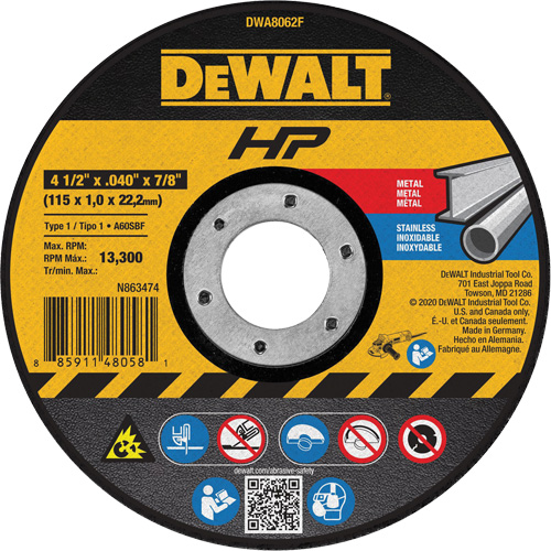 Meule de tronçonnage des m&eacute;taux HP, 4-1/2" x 0,04", Arbre de 7/8", Type 1, Oxyde d'aluminium, 13 300 Tr/min Superchem Industries