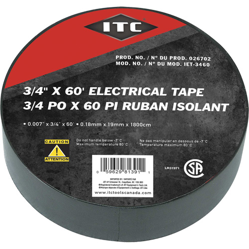 IET-3460 Ruban isolant, Ruban &eacute;lectrique, Rubans isolant, 19 mm (3/4") x 18,28 m (60'), Noir Superchem Industries