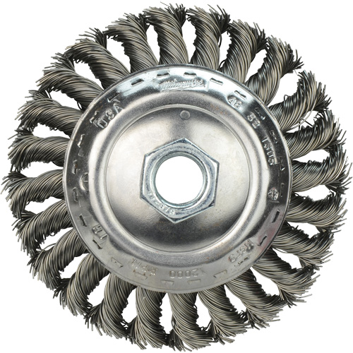 Brosse &agrave; fils nou&eacute;s biseaut&eacute;e, 4" dia., Fils 0,023", Arbre 5/8"-11 Superchem Industries