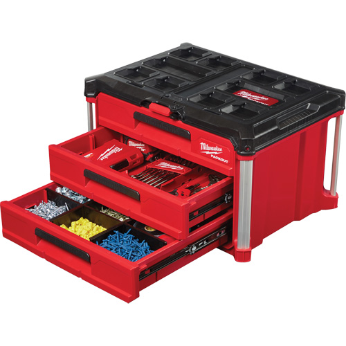 Boîte &agrave; outils avec 3 tiroirs Packout, 16-1/3" x 14-1/3" x 22-1/5", Noir/Rouge Superchem Industries