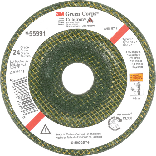 Meule &agrave; moyeu d&eacute;port&eacute; Green Corps, 4-1/2" x 1/4", Arbre 7/8", C&eacute;ramique, Type 27 Superchem Industries