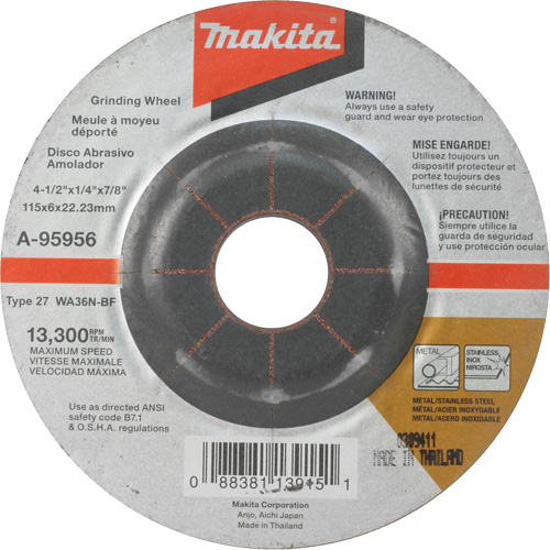 INOX Grinding Wheel, 4-1/2" x 1/4", 7/8" Arbor, Aluminum Oxide, Type 27 Superchem Industries