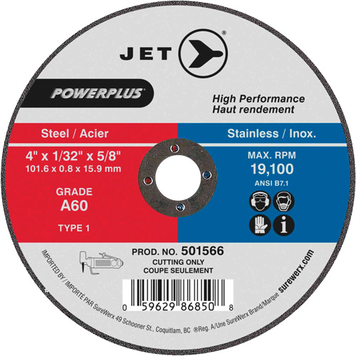 Meules &agrave; tronçonner en acier pour rectifieuses Powerplus, 4" x 1/32", Arbre de 5/8", Type 1, 19100 Tr/min Superchem Industries