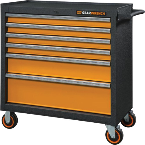 GSX Series Rolling Tool Cabinet, 6 Drawers, 36" W x 18-1/5" D x 37-2/5" H, Black/Orange Superchem Industries