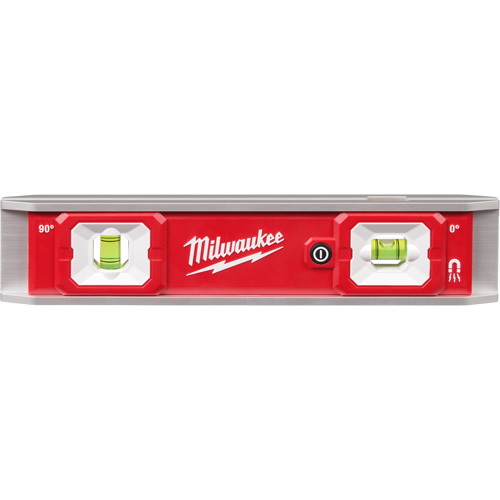 Niveau torpille &eacute;quip&eacute;e de fioles lumineuses, 9" lo, Aluminium, 2 fioles, Magn&eacute;tique Superchem Industries