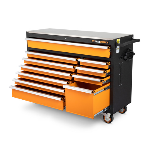 Armoire &agrave; outils roulante avec dessus de travail en acier inoxydable, 11 tiroirs, 52" la x 18" p x 36" h, Noir/Orange Superchem Industries