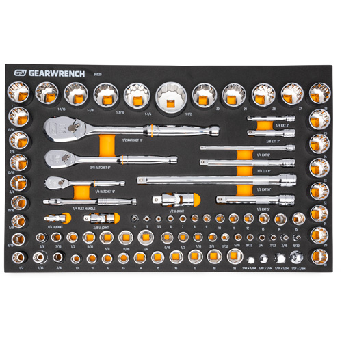 Jeu d'outils SAE/m&eacute;triques pour m&eacute;canicien &agrave; 90 dents 1/4", 3/8" & 1/2" avec plateau de rangement en mousse Superchem Industries