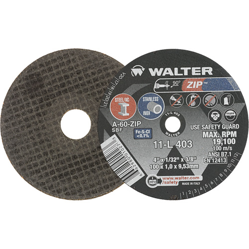 Zip Cut-Off Wheel, 4" x 1/32", 3/8" Arbor, Type 1, Aluminum Oxide, 19100 RPM Superchem Industries