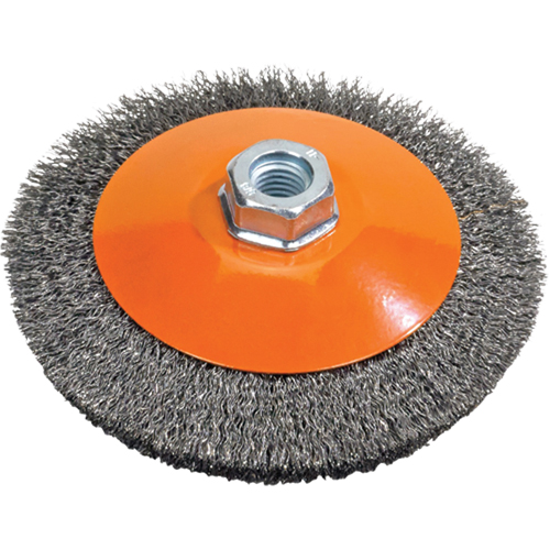 Brosse soucoupe &agrave; fils nou&eacute;s torsad&eacute;s, Dia. 5", Fils 0,02", Arbre 5/8"-11, Acier Superchem Industries