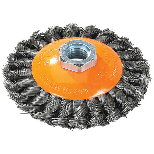 Knot-Twisted Saucer Cup Wire Wheel, 7" Dia., 0.02" Fill, 5/8"-11 Arbor, Steel Superchem Industries