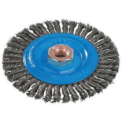 Brosse &agrave; fils nou&eacute;s pour cordons de soudure, Dia. 4", Fils 0,02", Arbre 5/8"-11, Aluminium/Acier inoxydable Superchem Industries