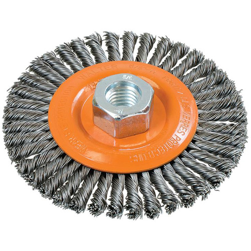Brosse &agrave; fils nou&eacute;s pour cordons de soudure, Dia. 4-1/2", Fils 0,02", Arbre 5/8"-11, Acier Superchem Industries