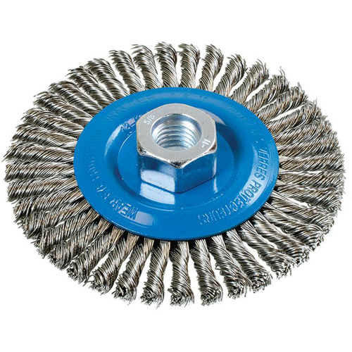 Brosse &agrave; fils nou&eacute;s pour cordons de soudure, Dia. 4-1/2", Fils 0,02", Arbre 5/8"-11, Aluminium/Acier inoxydable Superchem Industries