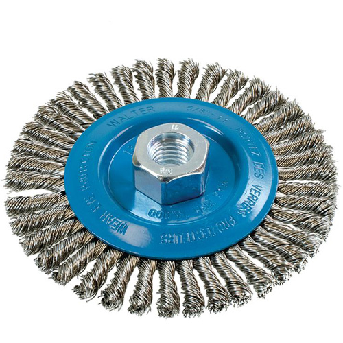 Brosse &agrave; fils &eacute;troits nou&eacute;s et torsad&eacute;s, Dia. 5", Fils 0,02", Arbre 5/8"-11, Aluminium/Acier inoxydable Superchem Industries