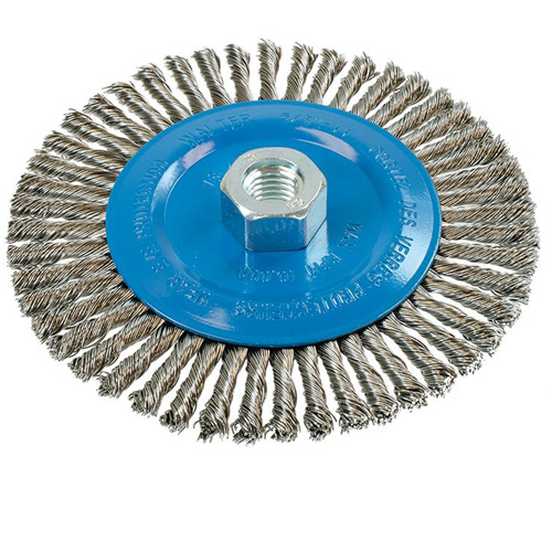 Brosse &agrave; fils &eacute;troits nou&eacute;s et torsad&eacute;s, Dia. 6", Fils 0,02", Arbre 5/8"-11, Aluminium/Acier inoxydable Superchem Industries