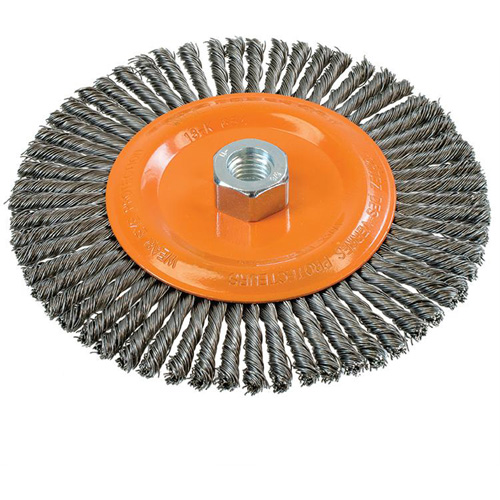 Brosse &agrave; fils nou&eacute;s pour cordons de soudure, Dia. 6-7/8'', Fils 0,02", Arbre 5/8"-11, Acier Superchem Industries
