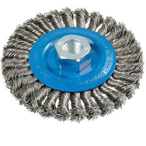Wide Knotted Wire Wheel Brush, 4-1/2" Dia., 0.02" Fill, 5/8"-11 Arbor, Aluminum/Stainless Steel Superchem Industries