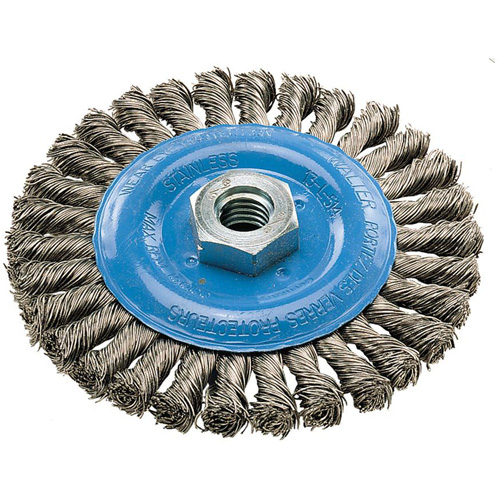 Brosse rotative &agrave; fils nou&eacute;s large, Dia. 5", Fils 0,02", Arbre 5/8"-11, Aluminium/Acier inoxydable Superchem Industries