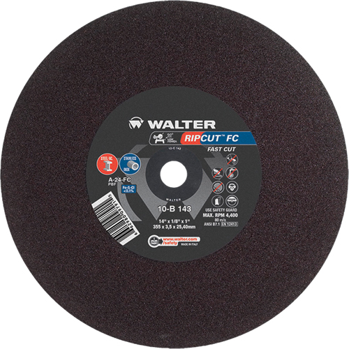Ripcut Stainless Steel & Steel Cut-Off Wheel for Stationary Saws, 14" x 1/8", 1" Arbor, Type 1, Aluminum Oxide, 4400 RPM Superchem Industries