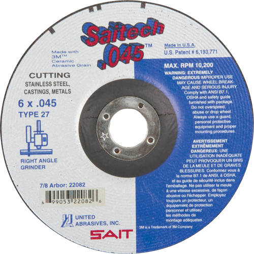 Cut-Off Wheel, 6" x 0.045", 7/8" Arbor, Type 27, Aluminum Oxide/Ceramic, 10200 RPM Superchem Industries