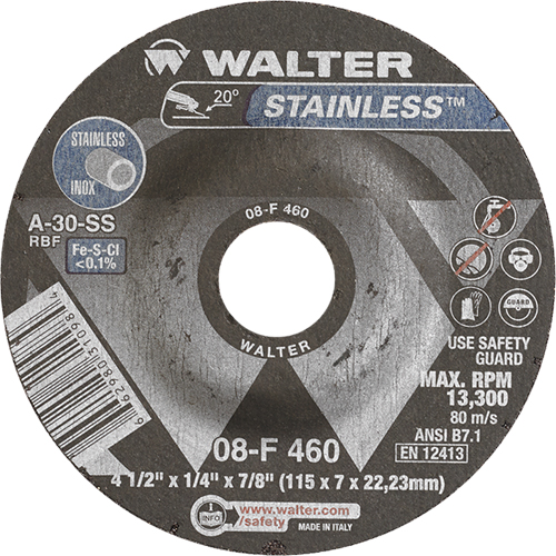 Stainless Steel Depressed Centre Grinding Wheels, 4-1/2" x 1/4", 7/8" Arbor, Type 27 Superchem Industries