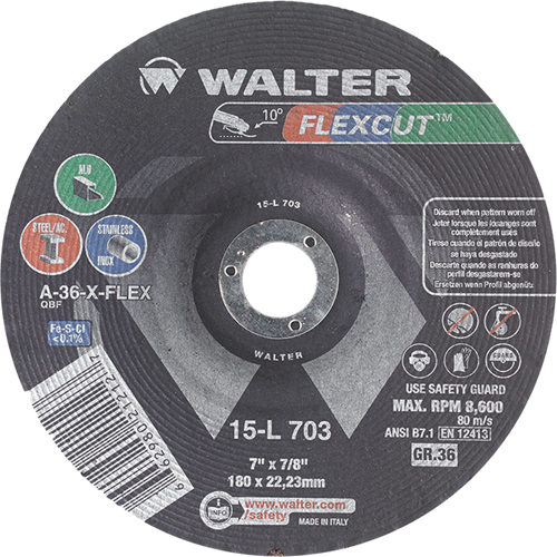 Flexcut Depressed Centre Grinding Wheels, 7", 36 Grit, Aluminum Oxide, 7/8", 8600 RPM, Type 29 Superchem Industries