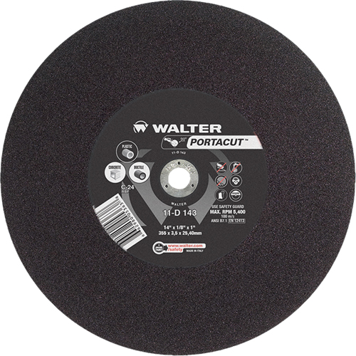 Meule &agrave; tronçonner rapide en acier inoxydable Portacut, 14" x 1/8", Arbre de 1", Type 1, Carbure de silicium, 5400 Tr/min Superchem Industries
