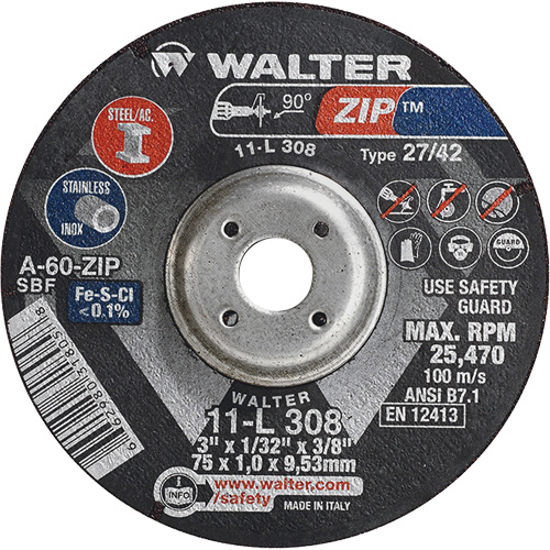 Zip Cutting and Grinding Wheel, 3" x 1/13", 3/8" Arbor, Type 27, 60 Grit, Aluminum Oxide Superchem Industries