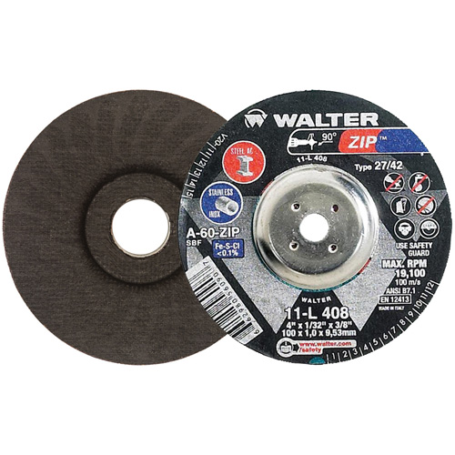 Disque de meulage et de tronçonnage Zip, 4" x 1/32", Arbre de 3/8", Type 27, Grain de 60, Oxyde d'aluminium Superchem Industries