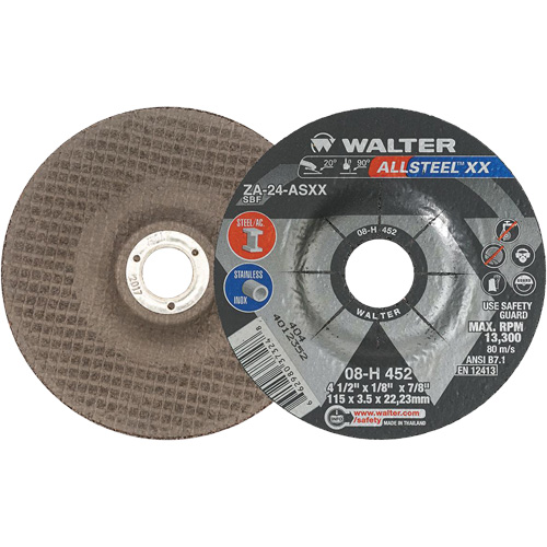 Depressed Centre Grinding Wheels - Allsteel XX, 4-1/2" x 1/8", 7/8" Arbor, Type 27, Zirconia Alumina, 13300 RPM Superchem Industries