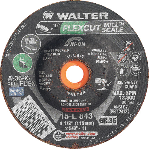 Meule FLEXCUT MILL SCALE, 4-1/2", 36 Grain, Oxyde d'aluminium, 5/8"-11, 13 300 Tr/min, Type 29 Superchem Industries