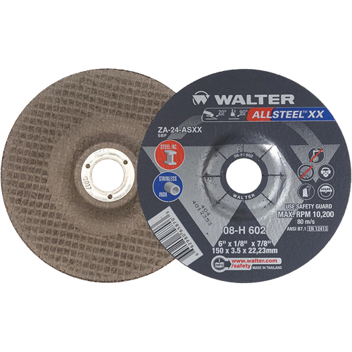 Depressed Centre Grinding Wheels - Allsteel XX, 6" x 1/8", 7/8" Arbor, Type 27, Zirconia Alumina, 10200 RPM Superchem Industries