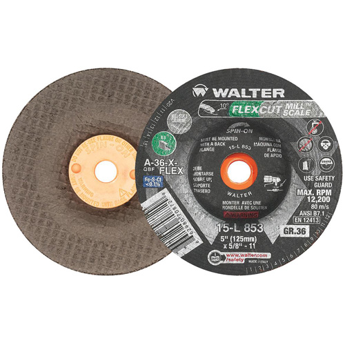 FLEXCUT MILL SCALE Grinding Wheel, 5", 36 Grit, Aluminum Oxide, 5/8"-11, 12200 RPM, Type 29 Superchem Industries