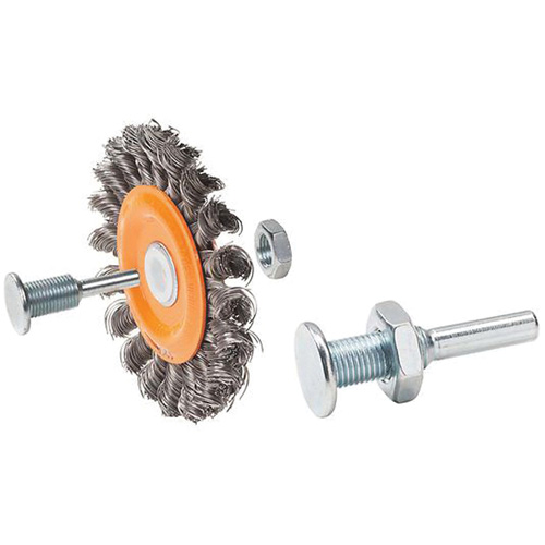 Brosse rotative mont&eacute;e &agrave; fils nou&eacute;s torsad&eacute;s r&eacute;versible, Dia. 3", Fils 0,0118", Arbre 1/2", Acier Superchem Industries