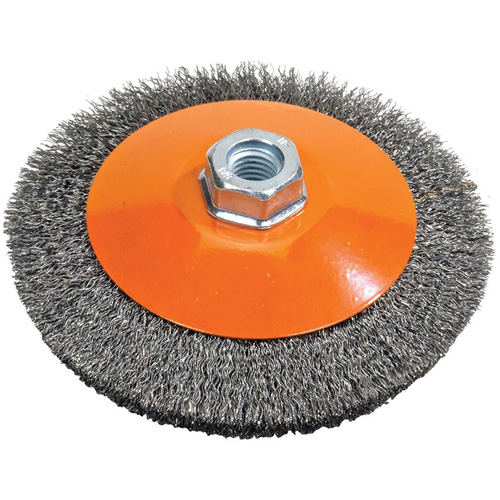 Saucer Crimped Wire Wheel, 5" Dia., 0.012" Fill, 5/8"-11 Arbor Superchem Industries