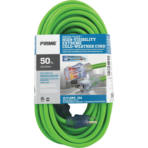 Cordon rallonge haute visibilit&eacute; Neon Flex, Ext&eacute;rieur, SJTW, AWG 12/3, 15 A, 50' Superchem Industries