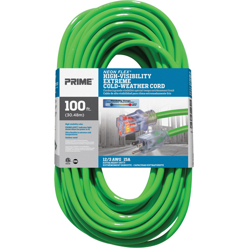 Neon Flex&reg; High Visibility Extension Cord, Outdoor, SJTW, 12/3 AWG, 15 A, 100' Superchem Industries