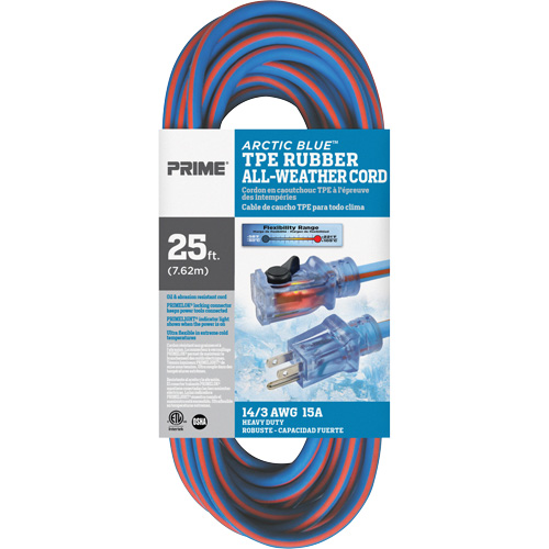 Arctic Blue Extension Cord, All-Weather, SJEOW, 14/3 AWG, 15 A, 25' Superchem Industries