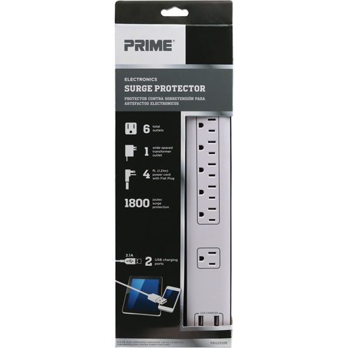 Limiteurs de surtension avec chargeur USB, 6 Prises, 1800 J, 1875 W, Cordon 4' Superchem Industries