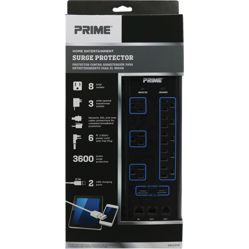 USB Charging Surge Protectors, 8 Outlets, 3600 J, 1875 W, 6' Cord Superchem Industries